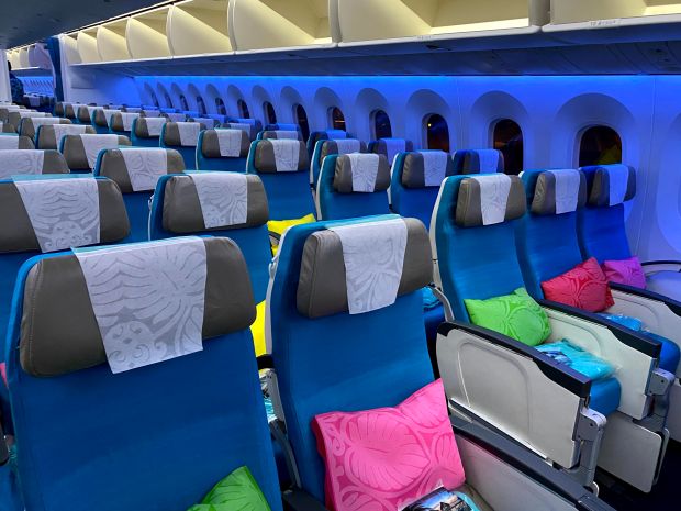 Colorful Air Tahiti Nui seats before anyone boarded the airplane