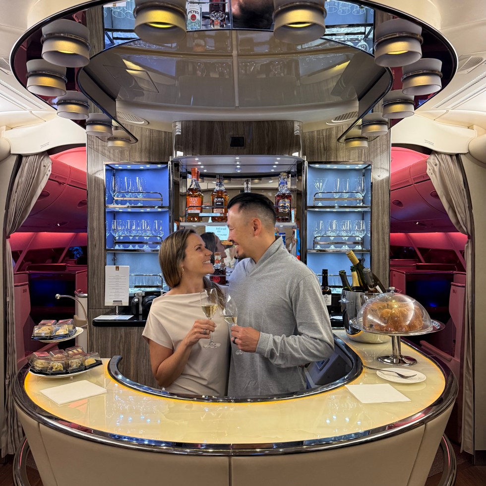 Drinking at the bar on Emirates Airlines